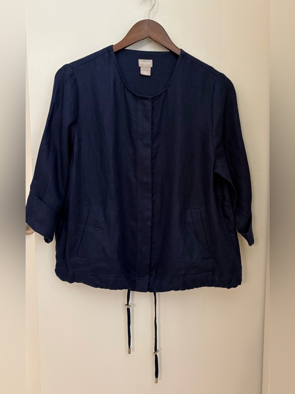Chico's 100% Linen Snap Button Navy Collarless Lightweight Utility Jacket Sz:1
